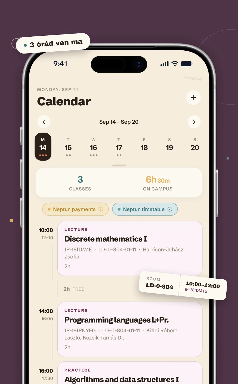 StudentHub calendar with the week's Neptun classes, deadlines and reminders