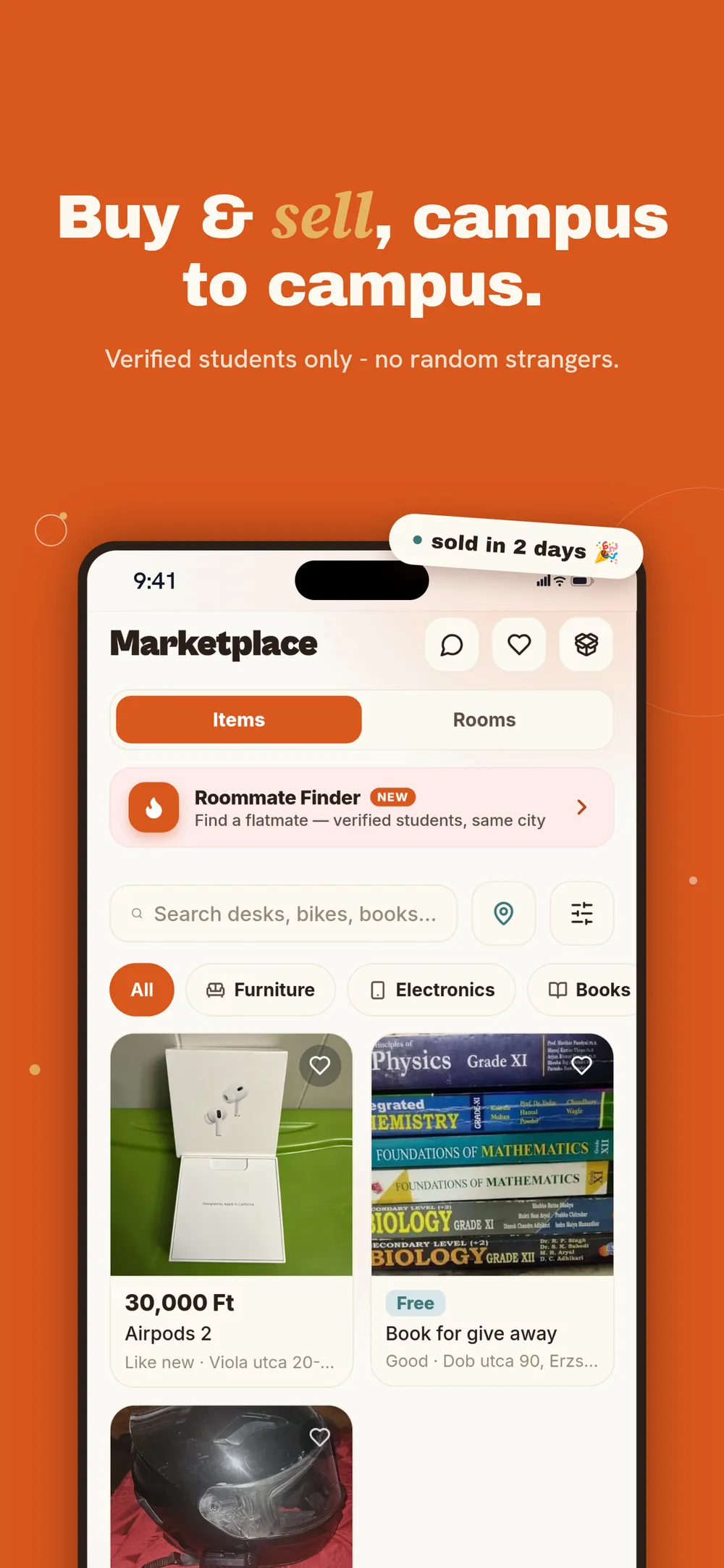 StudentHub marketplace listing AirPods and textbooks posted by students in Budapest