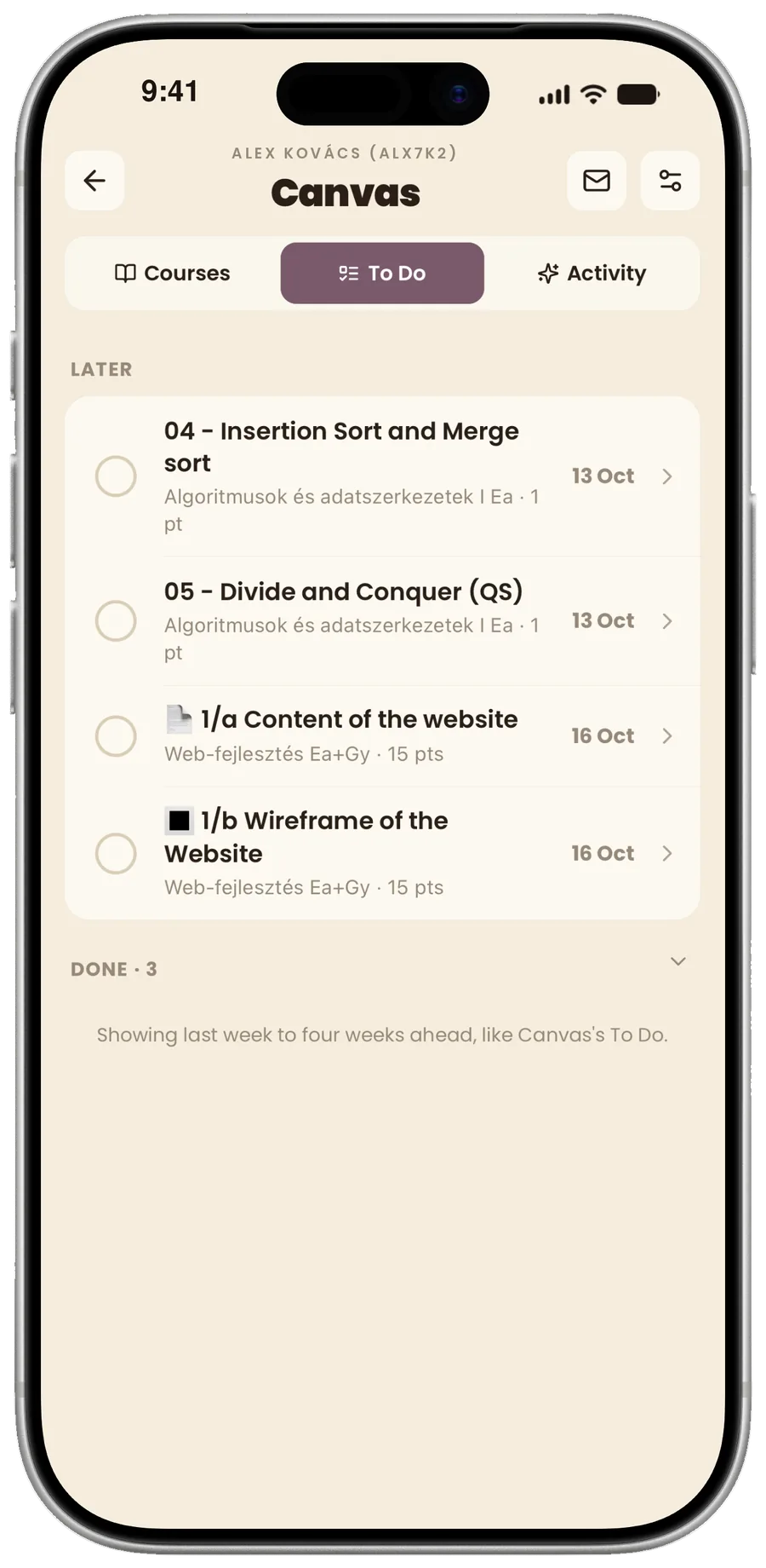 StudentHub Canvas to-do list with assignments that are due soon