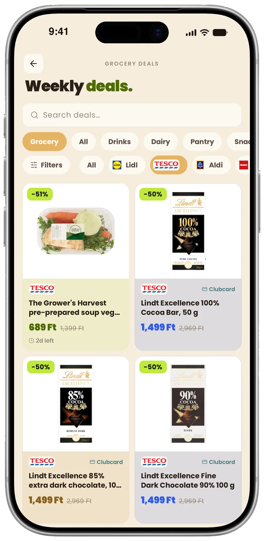 Weekly grocery akciók in the StudentHub app, filtered by chain