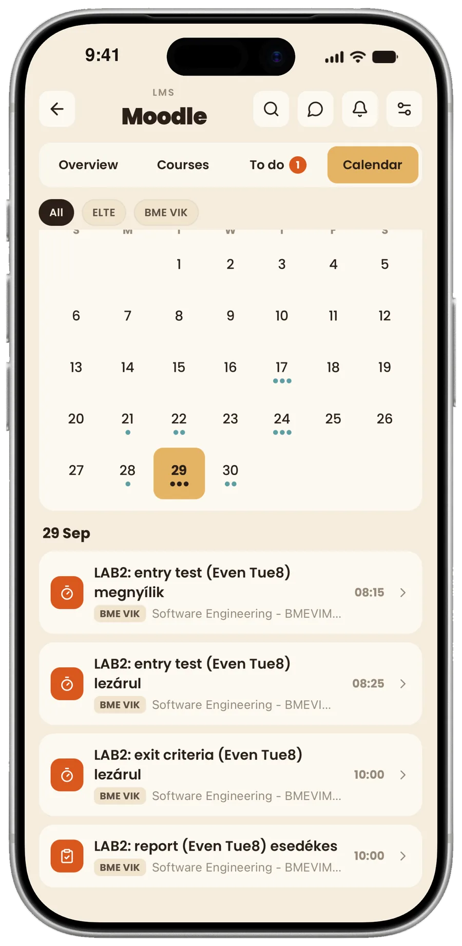 StudentHub Moodle calendar showing every assignment deadline