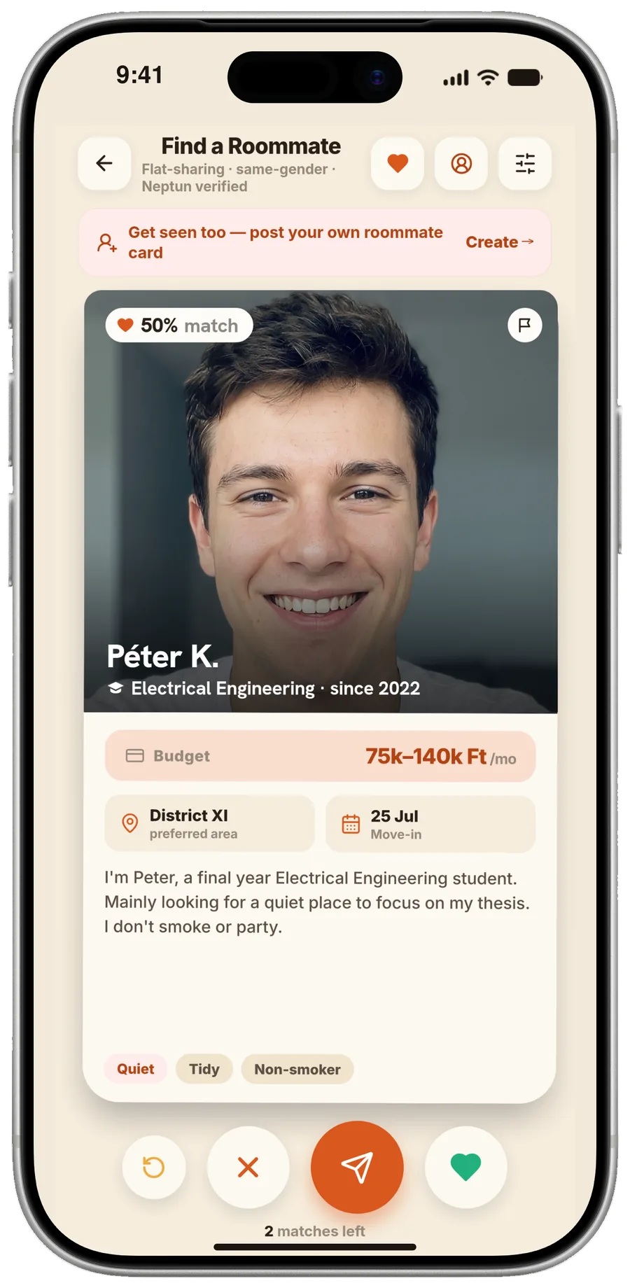 Roommate card in the StudentHub app with match score, budget and preferred district