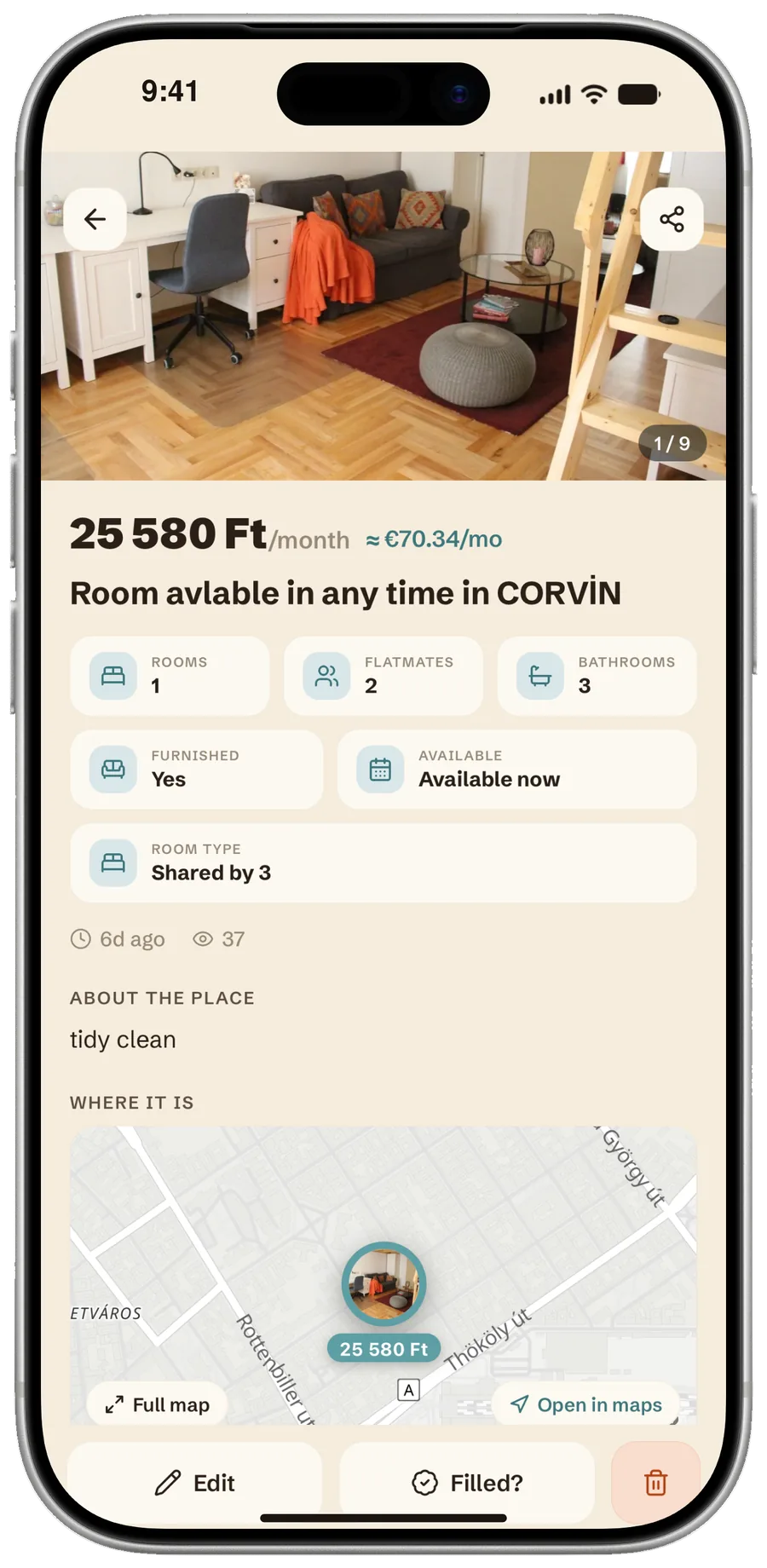 Room listing in the StudentHub app with the monthly rent in forints and euros, the room details and the map